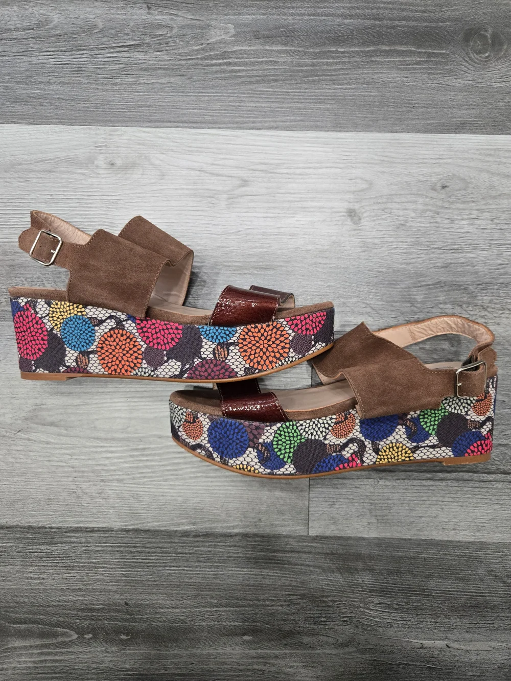 Brown Suede Platform Sandals with Colorful Printed Wedge